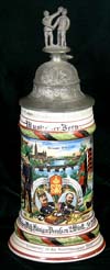 Imperial Army commemorative stein of Musk. Born. of the  7th Komp. Inf. Rgt. Kaiser Wilh. Konig v. Preussen 2. Wurtt. 1908- 1910
